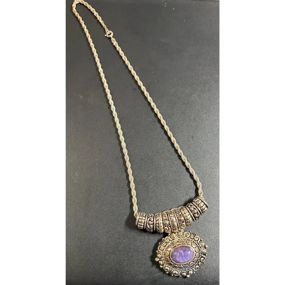 Silver Amethyst Statement Pendant Necklace